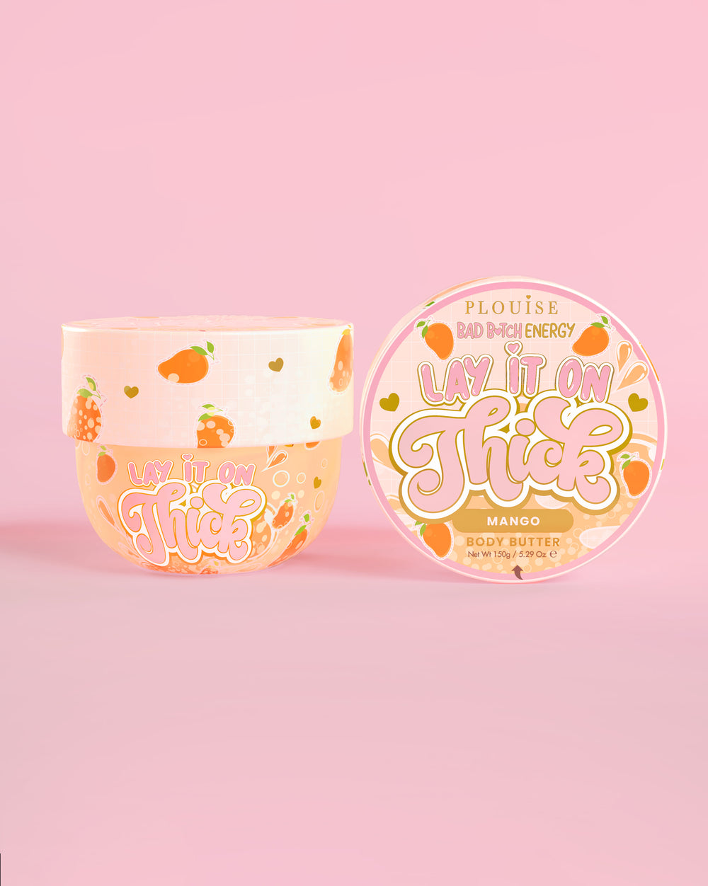 Badekar P. Louise 'Lay It On Thick' mango bodybutter på en lyserød baggrund