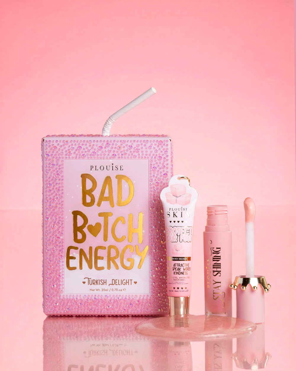 Pink P.Louise crystal glitter bad bitch energy lip duo in rainbow sherbet featuring a glossy lip oil and lip conditioner