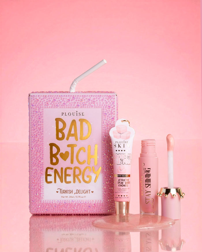 Pink P.Louise krystal glitter bad bitch energy lip duo i regnbue sorbet med en blank læbeolie og læbebalsam