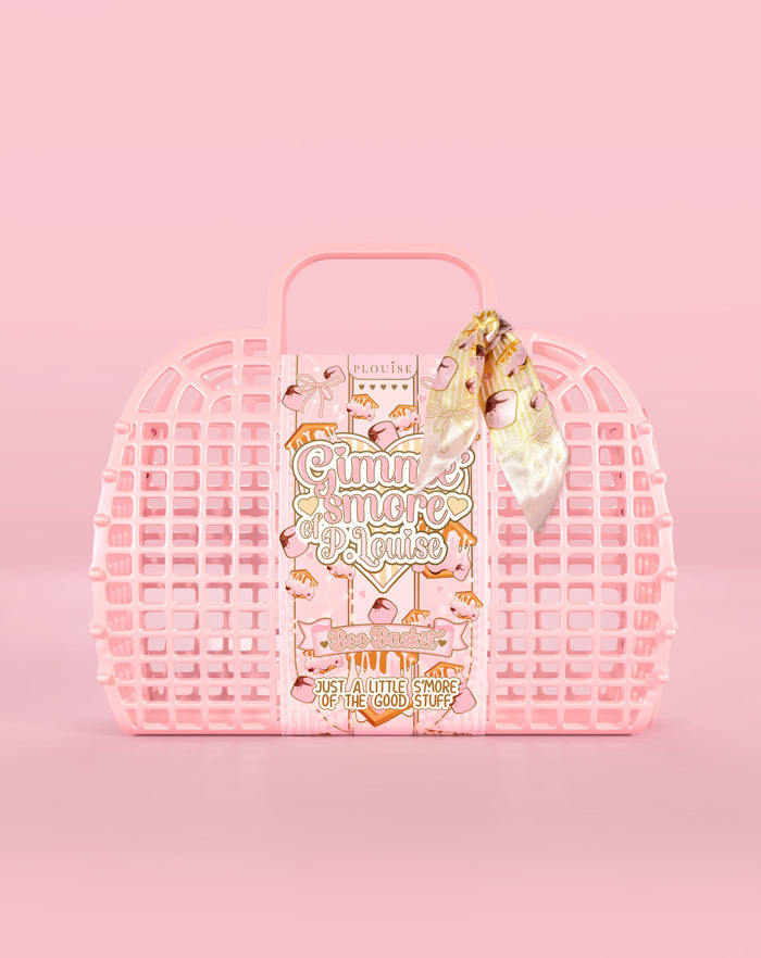 Pink boo-kurv i vaffelstil med et produkt indeni på en lyserød baggrund