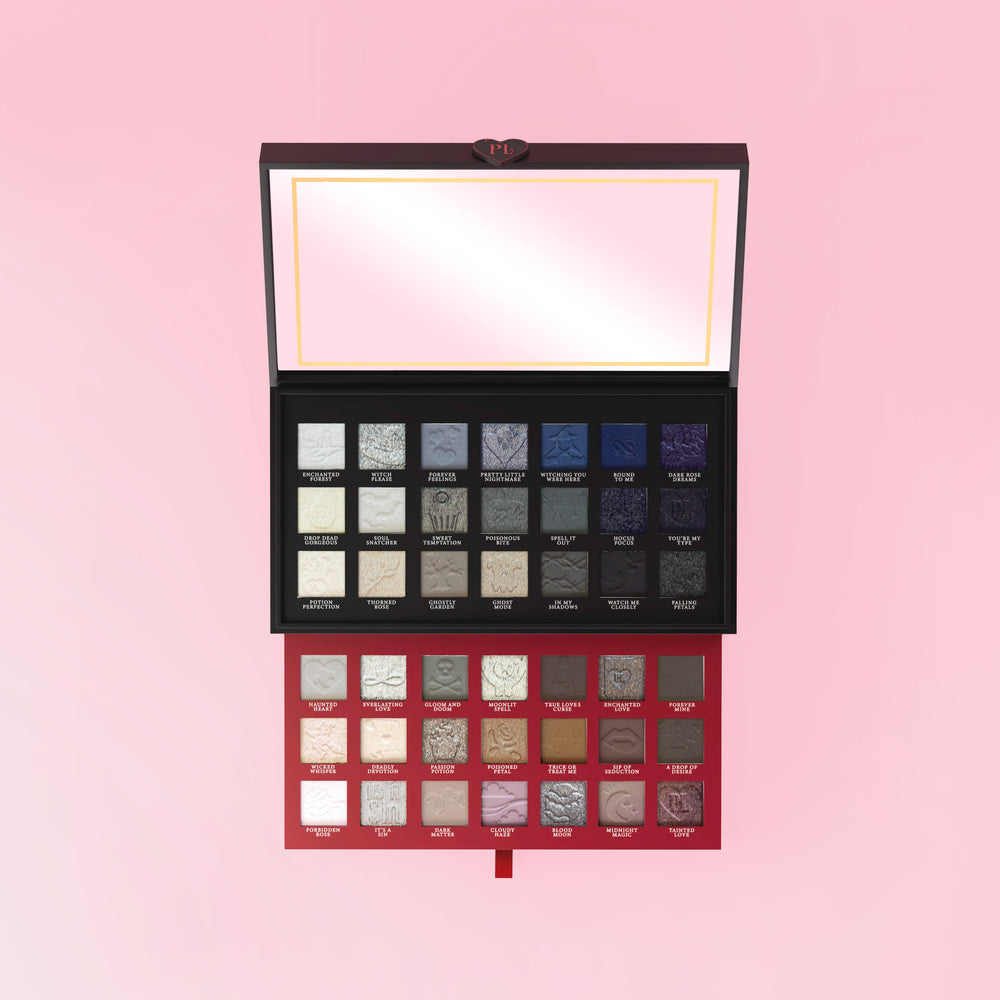 Paleta de sombras de ojos para maquillaje de halloween P.Louise Mystic Moonlight con varios tonos sobre fondo rosa