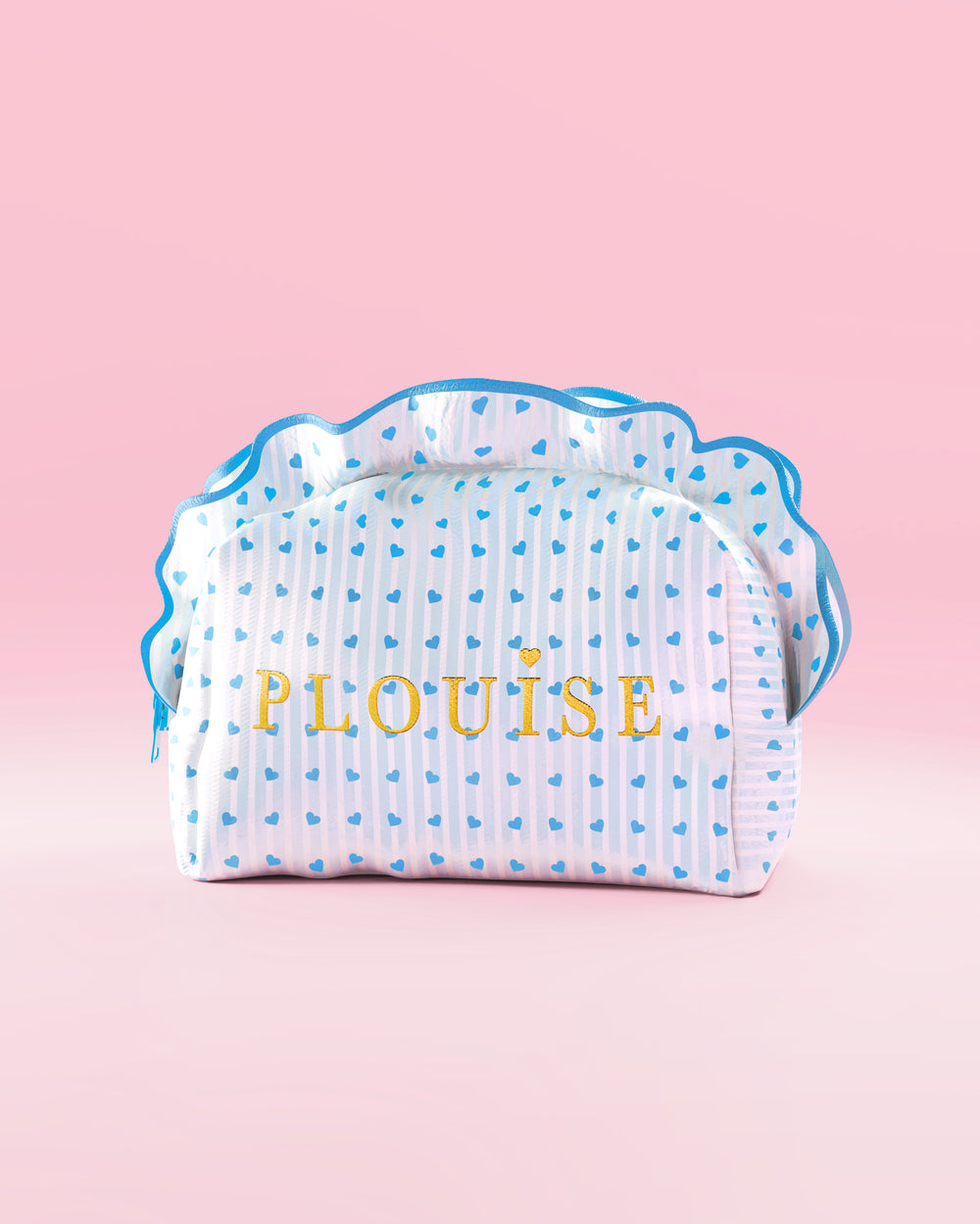 Neceser de maquillaje y cuidado de la piel P.Louise de rayas azules y blancas con volantes y diseño azul frambuesa