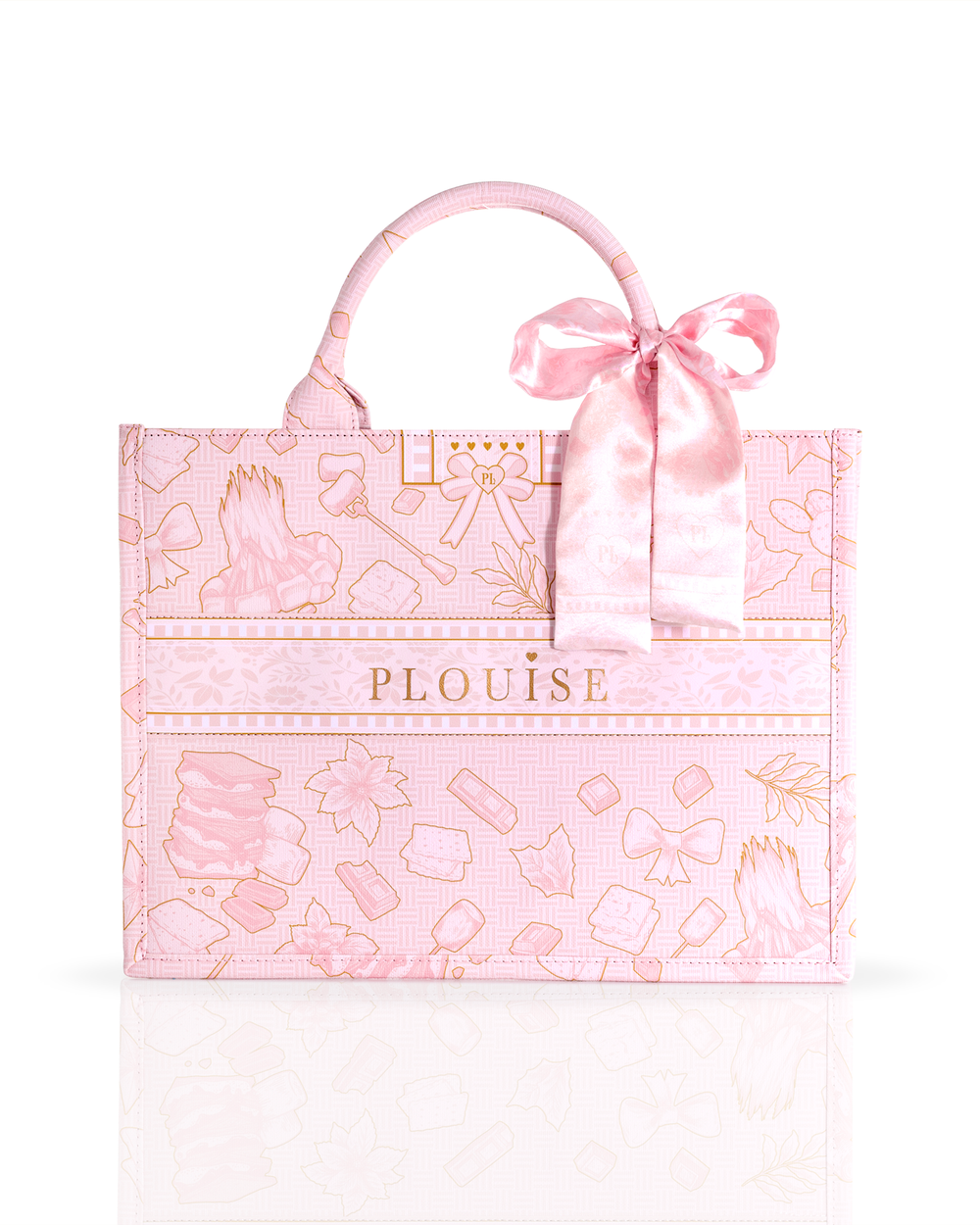 Un bolso tote rosa con un lazo de satén en el mango, con un diseño estampado y el nombre 'PLOUISE' impreso en el frente, sobre un fondo blanco limpio.
