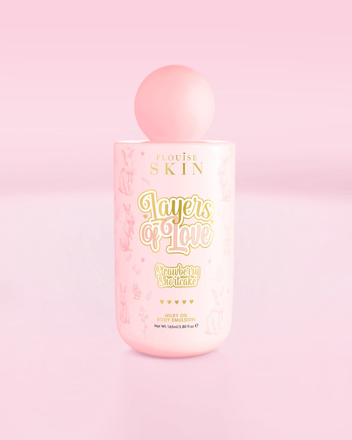 Pink flaske P.Louise Layers Of Love Milky Oil Body Emulsion i strawberry shortcake-duft