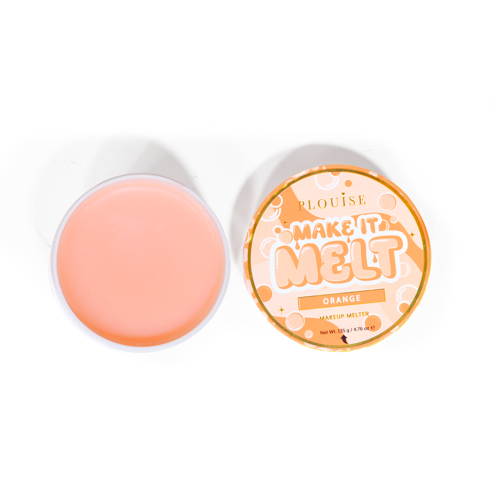 Åben balje af P. Louise Make It Melt Makeup Cleansing Balm i orange duft på blå baggrund
