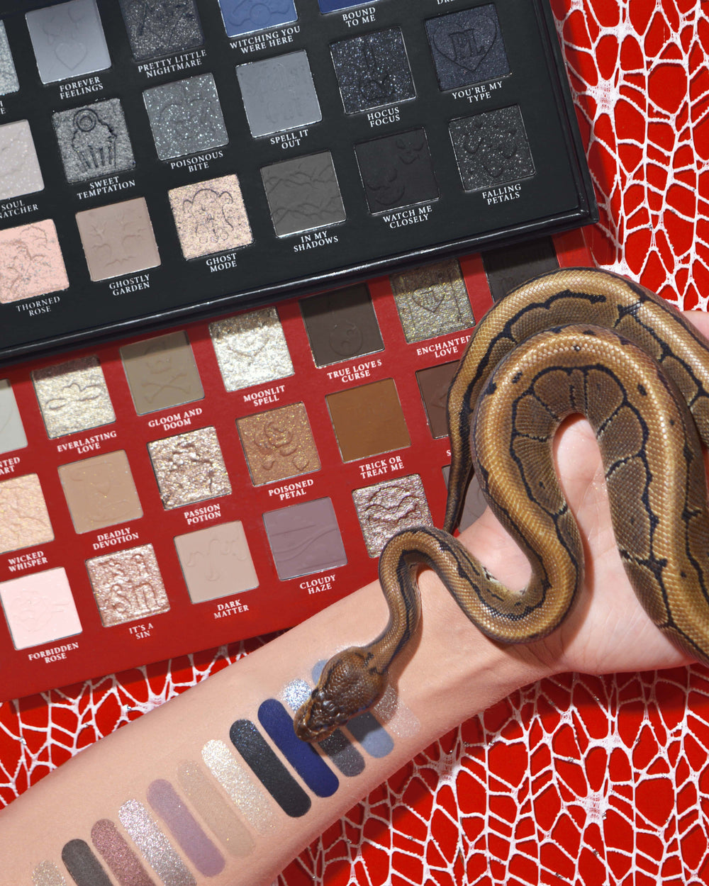 Paleta de sombras de ojos y maquillaje de Halloween P.Louise Mystic Moonlight con muestras en un brazo con una serpiente envuelta alrededor sobre un fondo de telaraña roja