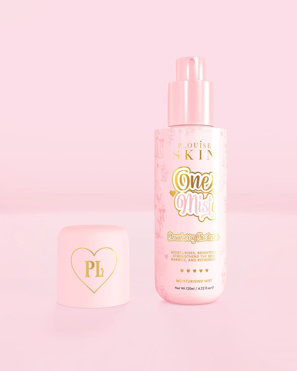 Pink bottle of One Mist Moisturising Mist in strawberry shortcake scent