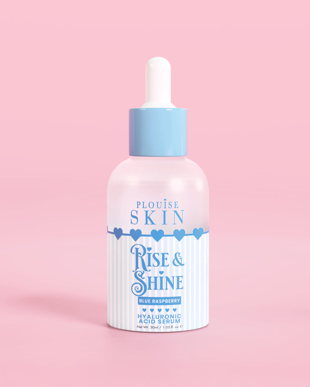 Frasco azul y blanco de suero hialurónico PLouise Rise and Shine en frambuesa azul