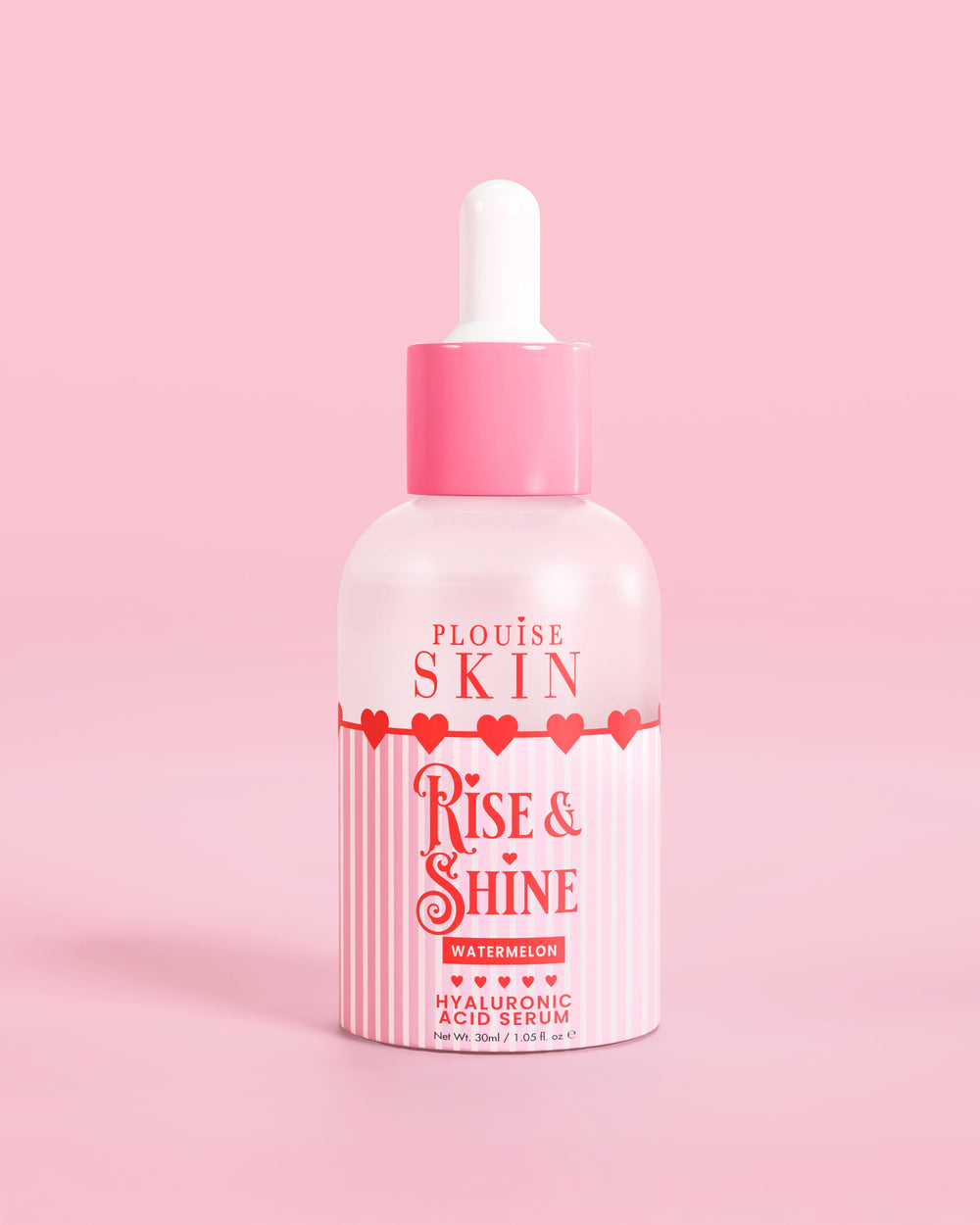 Botella rosa roja y blanca de suero de ácido hialurónico P.Louise Rise & Shine en sandía