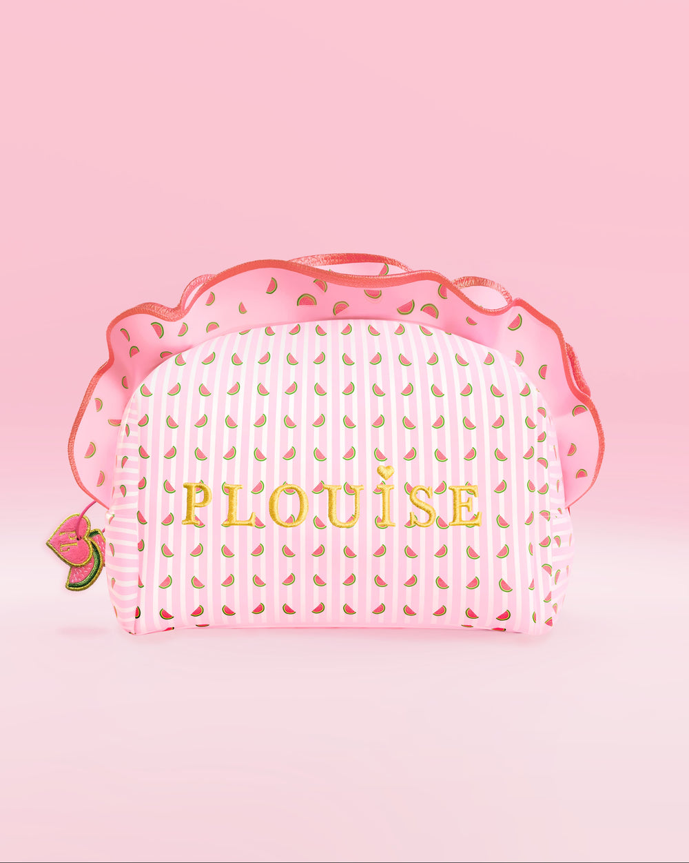 Neceser de maquillaje y cuidado de la piel P.Louise de rayas rosas y blancas con volantes y estampados de sandías