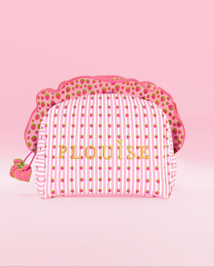 Pink og hvid stribet P.Louise makeup og hudplejetaske med dikkedarer og jordbær grafik