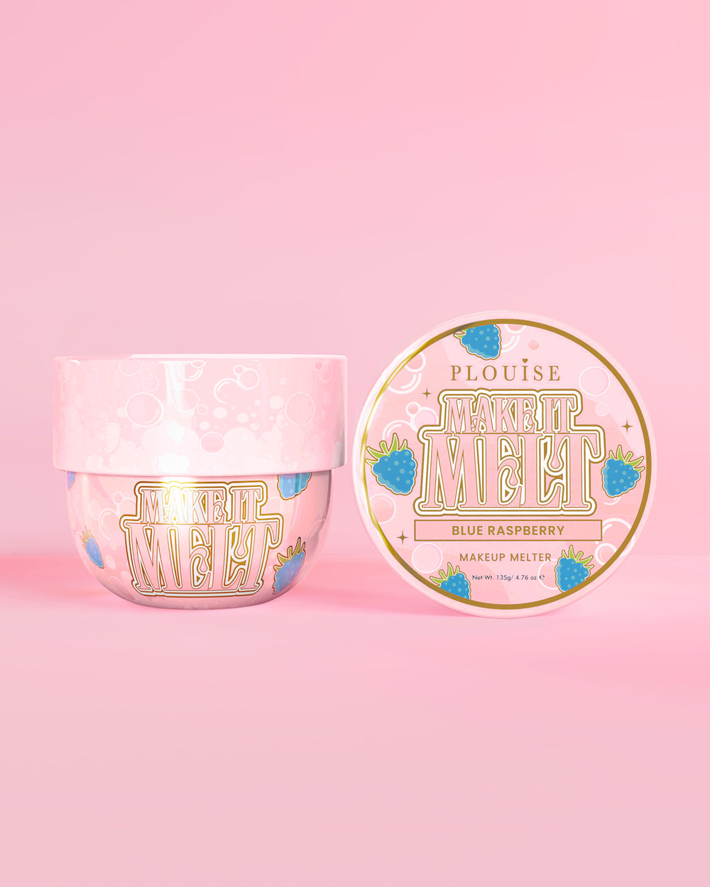 To bøtter P. Louise Make It Melt Makeup Cleansing Balm i blå hindbær på lyserød baggrund