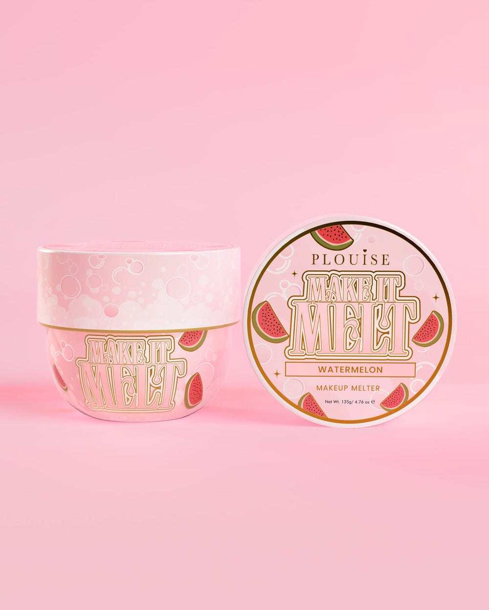 Tub of P. Louise Make It Melt Makeup Cleansing Balm i Vandmelon på lyserød baggrund