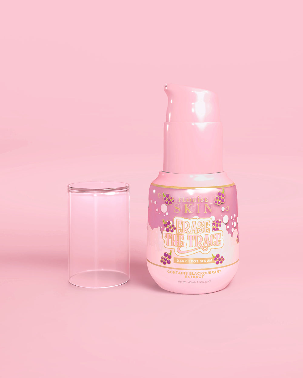 Botella rosa de P. Louise Erase The Trace Dark Spot Correcting Serum con la tapa abierta sobre un fondo rosa
