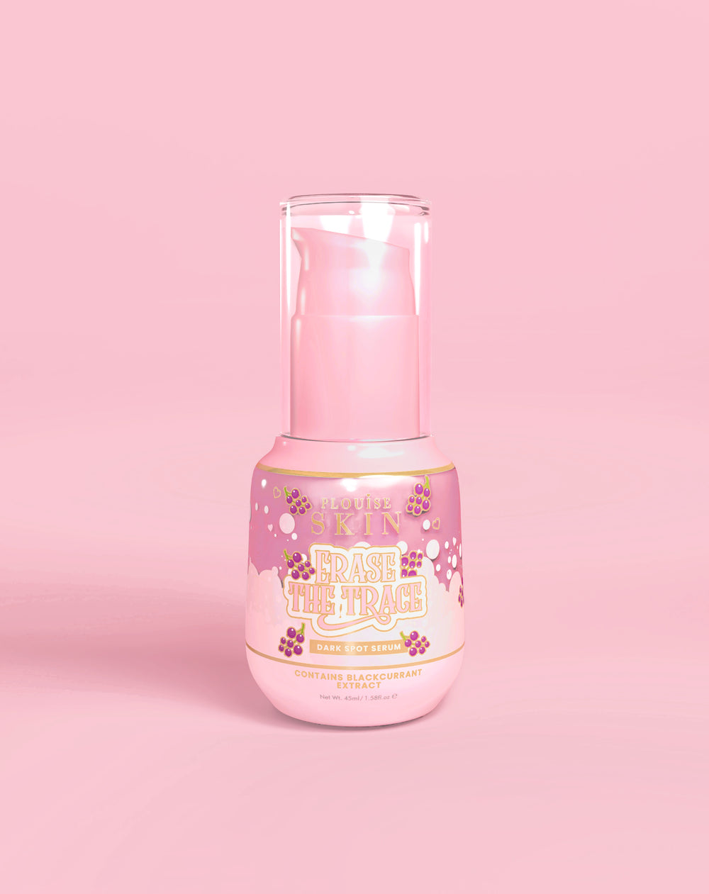 Botella rosa de P. Louise Erase The Trace Dark Spot Correcting Serum sobre un fondo rosa