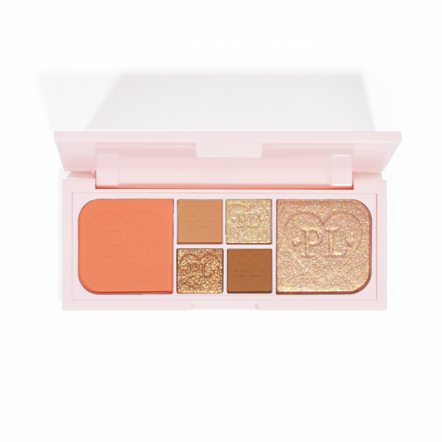 Et billede af P.Louise Fluffy Fantasy Mini Eyes & Face Palette med cremet matte og smøragtige shimmers i en række ferskenfarvede og neutrale nuancer