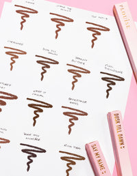 Et billede af et stykke papir med skriblerier, der viser hver P.Louise Ultimate Definition Sharpenable Lip Liner nuance og navn