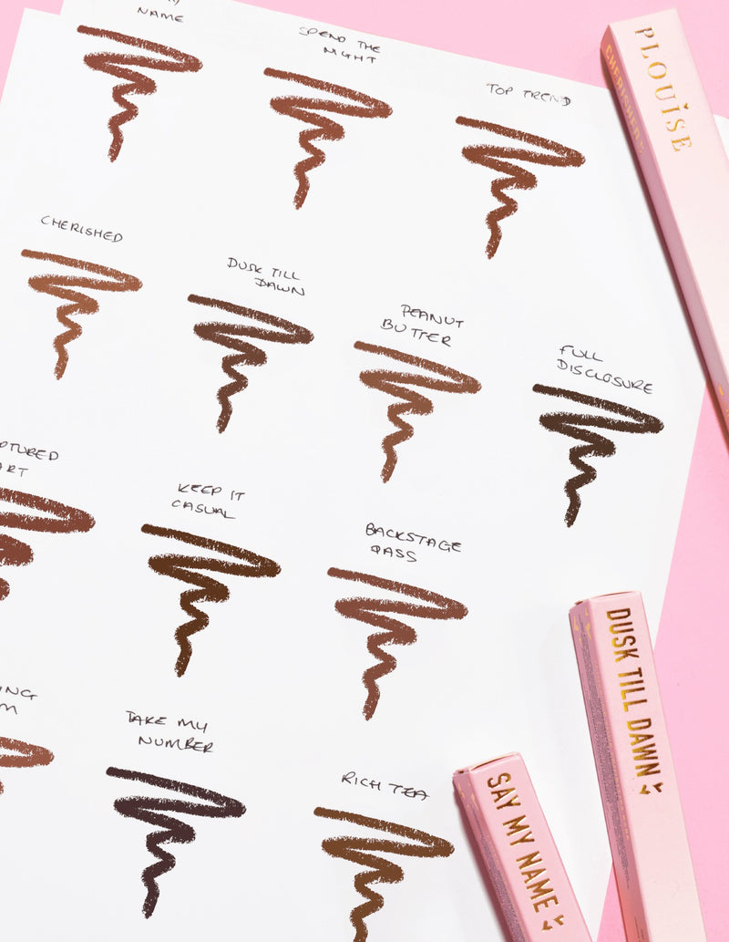 Et billede af et stykke papir med skriblerier, der viser hver P.Louise Ultimate Definition Sharpenable Lip Liner nuance og navn